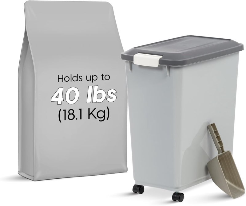 Dog Food Storage Container with Wheels Airtight Lid, 2Cup Scoop Up to 40