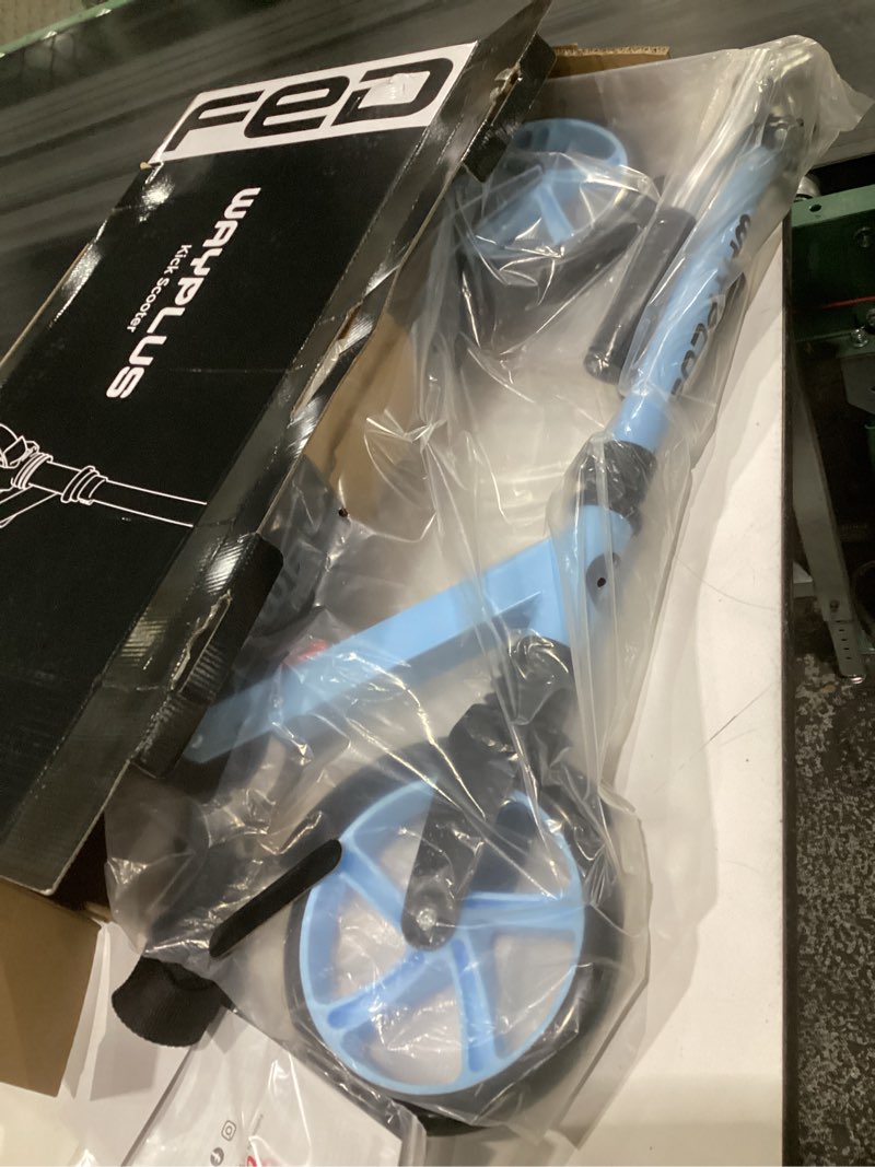 Condition photo showing Good Condition for kick scooter for ages 6+,kid, teens & adults. max load 240 lbs. foldable, lightweight, 8in big wheels for kids, teen and adults, 4 adjustable levels. bearing abec9 blue