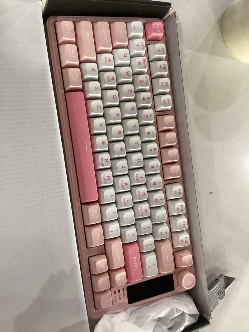 Condition photo showing Good Condition for (not tested)womier dk75 75% wireless gaming keyboard, rgb backlit creamy keyboard with multifunction knob & screen, tri-mode 2.4ghz/usb-c/bt5.0, anti-ghosting no-conflict silent membrane keyboard for mac windows pink