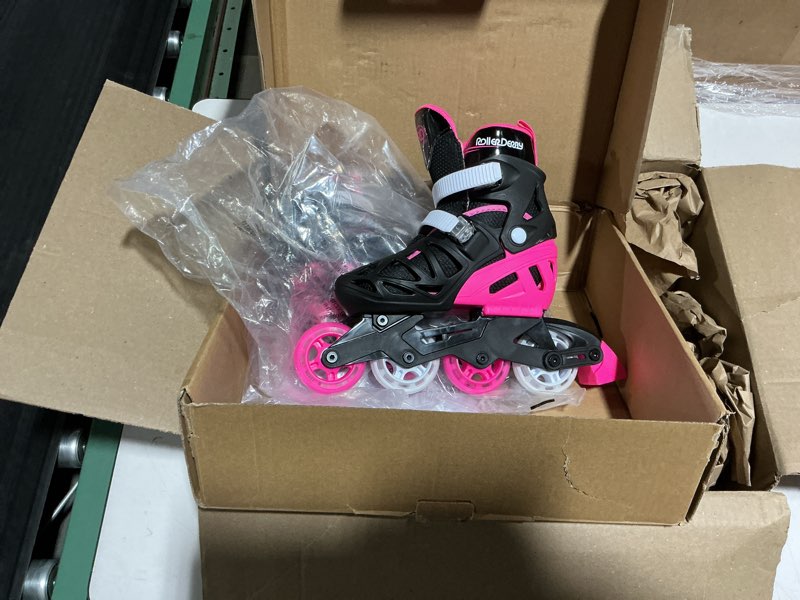 Condition photo showing Good Condition for roller derby tracer adjustable inline skates for boys, girls, kids, beginners black/pink medium (2-5)
