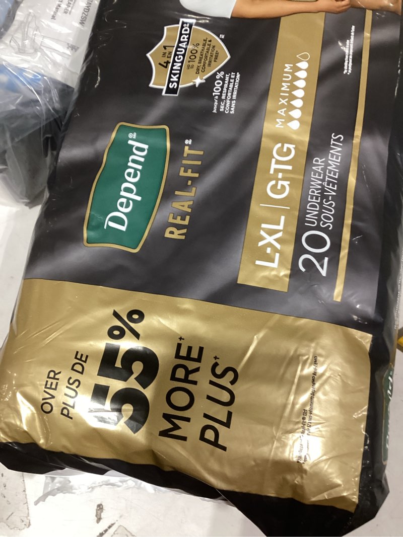 Condition photo showing New/Like New for Depend Real Fit Adult Diapers, Incontinence Underwear for Men, Disposable, Maximum Absorbency, Large/Extra Large, Grey, 20 Count, Packaging May Vary Gray Large/X-Large 20