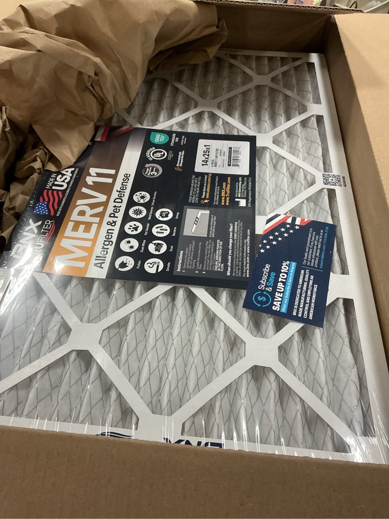 Condition photo showing New/Like New for BNX TruFilter 14x25x1 Air Filter MERV 11 (6-Pack) - MADE IN USA - Allergen Defense Electrostatic Pleated Air Conditioner HVAC AC Furnace Filters for Allergies, Dust, Pet, Smoke, Allergy MPR 1200 FPR 7 14x25x1 6-pack