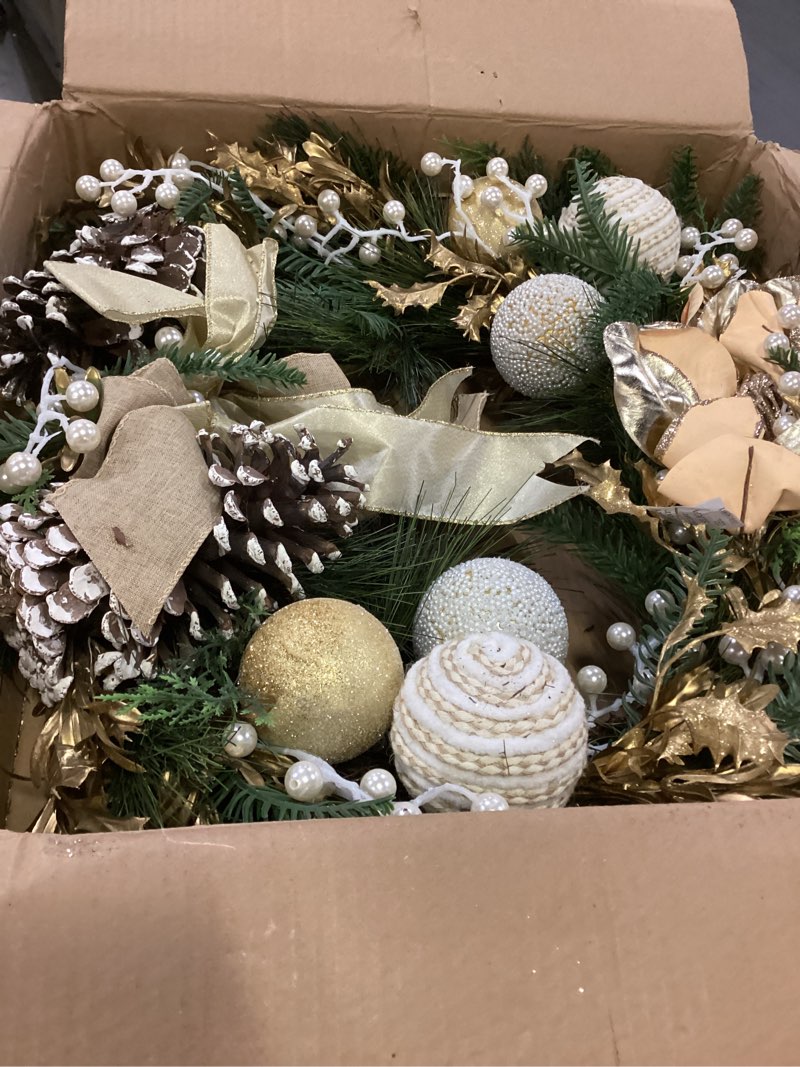 Condition photo showing Good Condition for 24” Champagne Christmas Wreaths for Front Door with Magnolia Fake Pearl, Christmas Door Wreath with Bow Golden Balls, Pine Needles Pine Cones for Home Wall Window Indoor Outdoor Xmas & Holiday Decor Champagne Gold