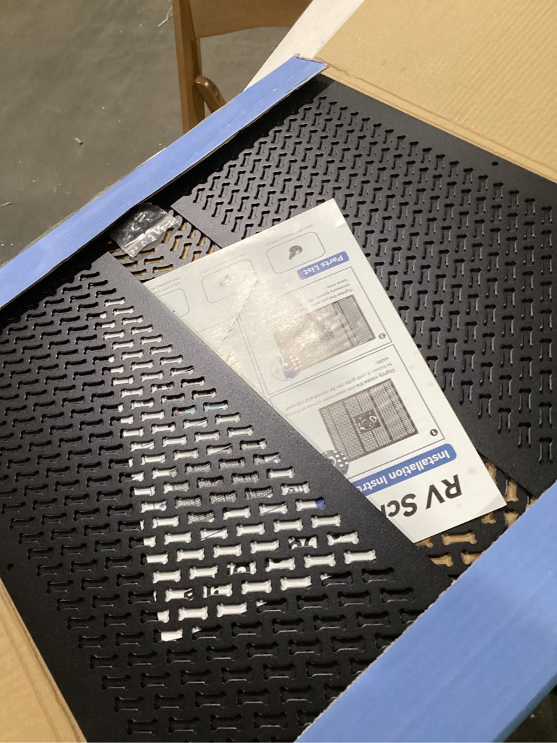 Condition photo showing As Is for rv screen door grille,dog friends design, aluminium alloy material protects screen door from damage, adjustable width ranging from 21"- 29.5", for entry screen door grille on rv, trailer