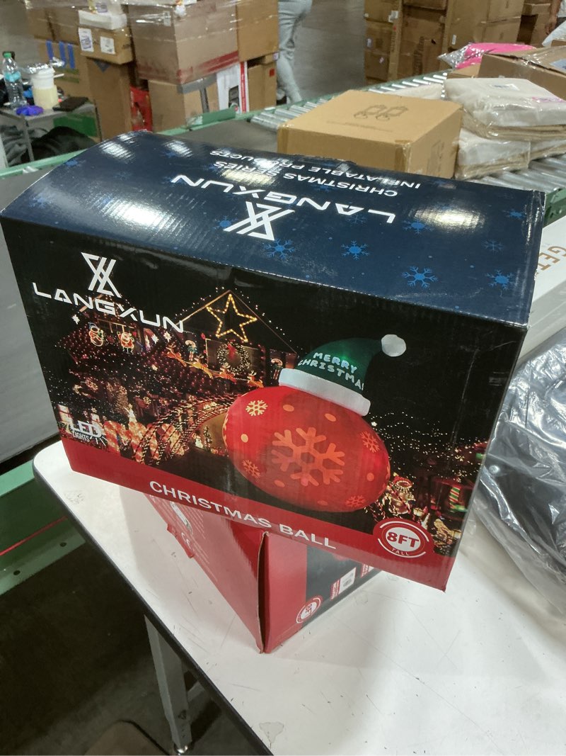 Condition photo showing New/Like New for 8ft Red Christmas Ball with Santa Hat Inflatable Outdoor Indoor Decor, Giant Blow Up IP44 Weatherproof Xmas Decorations for Yard, Built-in 7-Color LED Rotating Light for Gardern Lawn Winter Holiday