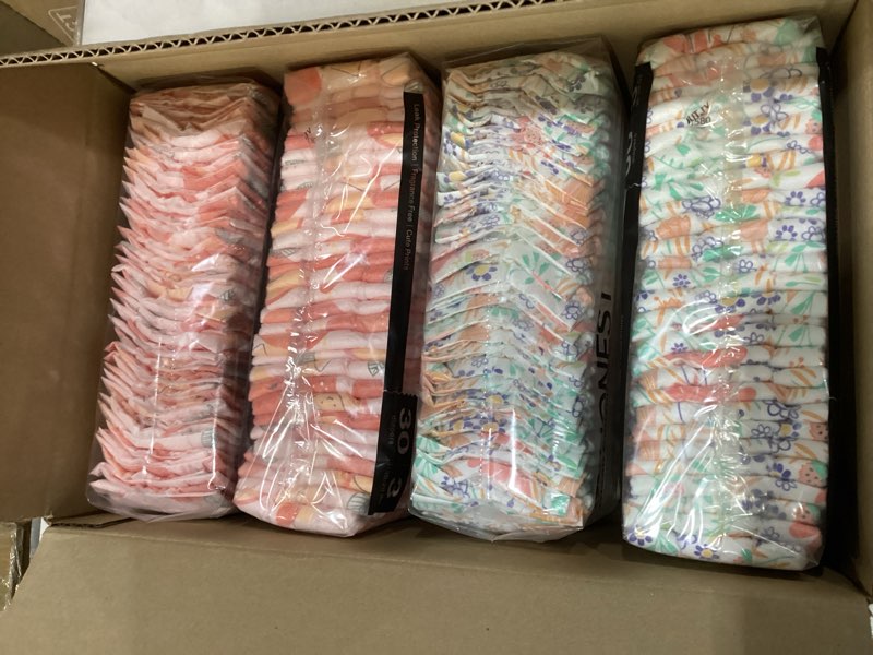 Condition photo showing New/Like New for The Honest Company Comfort Dry Disposable Diapers for Sensitive Skin, Hypoallergenic, Just Peachy + Flower Power, Super Club Box Size 3 (16–28 lbs) 120 Count