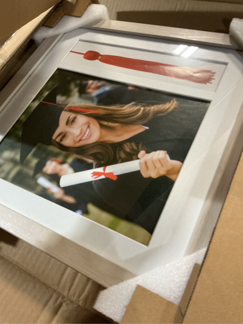 Condition photo showing Good Condition for americanflat 13x13 graduation frame - shatter-resistant glass - fits 8x10 photo with tassel opening - engineered wood diploma frames with tassel holder for wall - light wood square frame