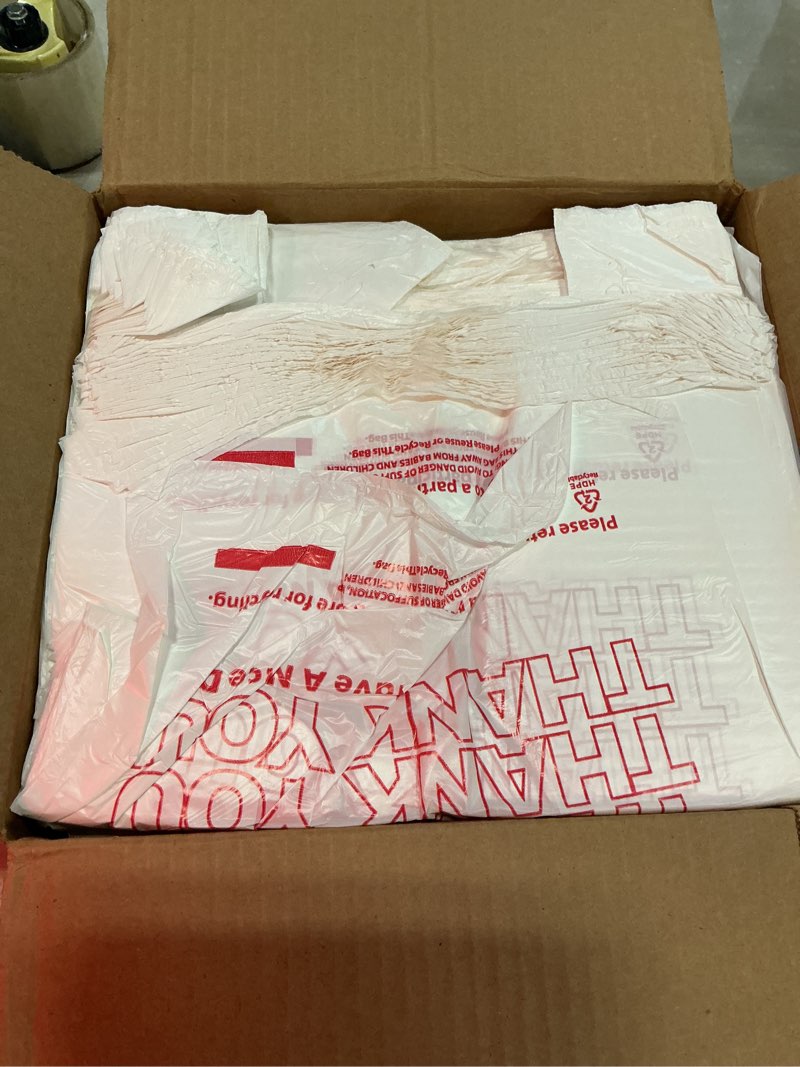 Condition photo showing Good Condition for acko 1000 count - plastic t-shirt bags with handle, (11.5 x 6.5 x 21") 4 gallon thank you bags for grocery, take out, to go, retail shopping bag, small garbage trash bag for home office kitchen white 1 count (pack of 1000)