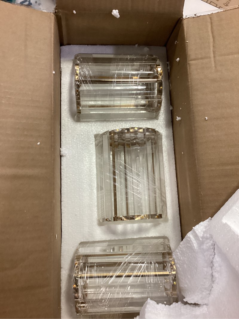 Condition photo showing Good Condition for meybiok modern crystal bathroom vanity light, 3-light brushed gold bathroom light fixtures with clear shades, vanity lighting fixtures over mirror (exclude bulb) brushed gold 3-light
