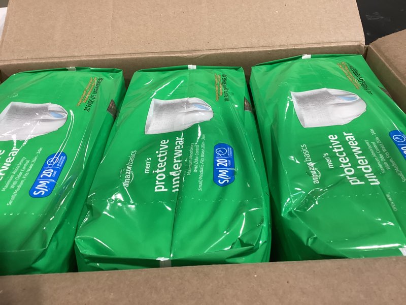Condition photo showing New/Like New for amazon basics maximum absorbency incontinence underwear for men with leak protection and odor control, disposable, small/medium, 60 count (3 packs of 20) small/medium 60.0