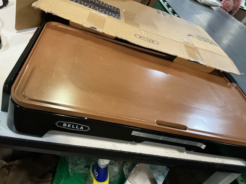 Condition photo showing As Is for bella xl electric ceramic titanium griddle, 12" x 22", copper/black & classic rotating non-stick belgian waffle maker, perfect 1" thick waffles, browning control, black