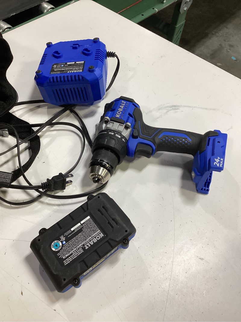 Condition photo showing As Is for kobalt 24-volt 1/2-in keyless brushless cordless drill 1 -batteries included, and