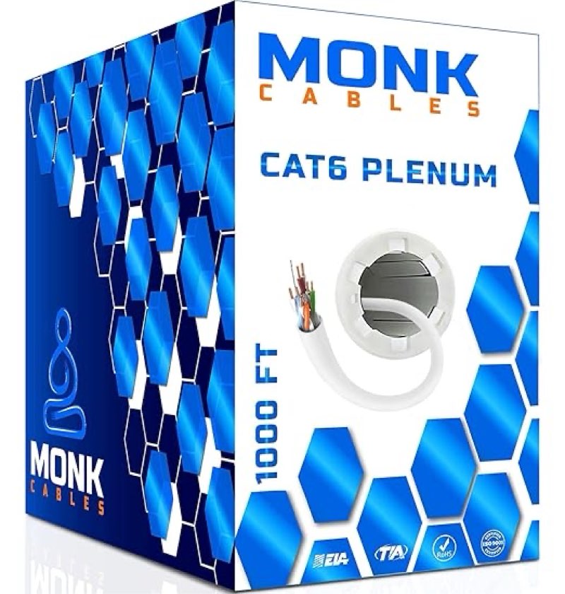 MONK CABLES | CAT6 Plenum Cable 1000ft | UTP, 23AWG, 550MHz | DSX-8000 Certified | Most Certified Ca