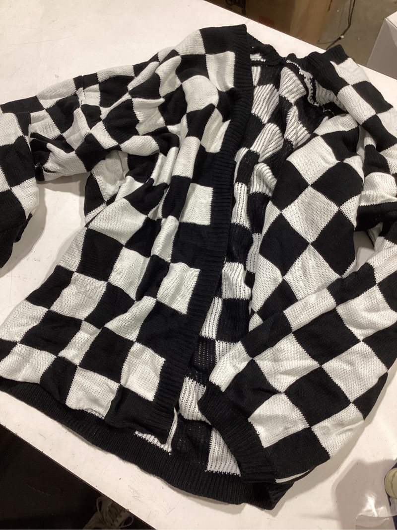 Condition photo showing Good Condition for soly hux women's long sleeve oversized sweater checkered cardigan open front outerwear tops x-large black and white