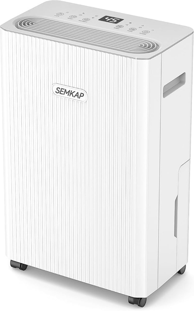 2500 sq.ft dehumidifier for basement with drain hose, semkap 32 pints dehumidifiers for home, large room, bathroom, bedroom, low noise with smart compressor, intelligent humidity control, 24hr timer