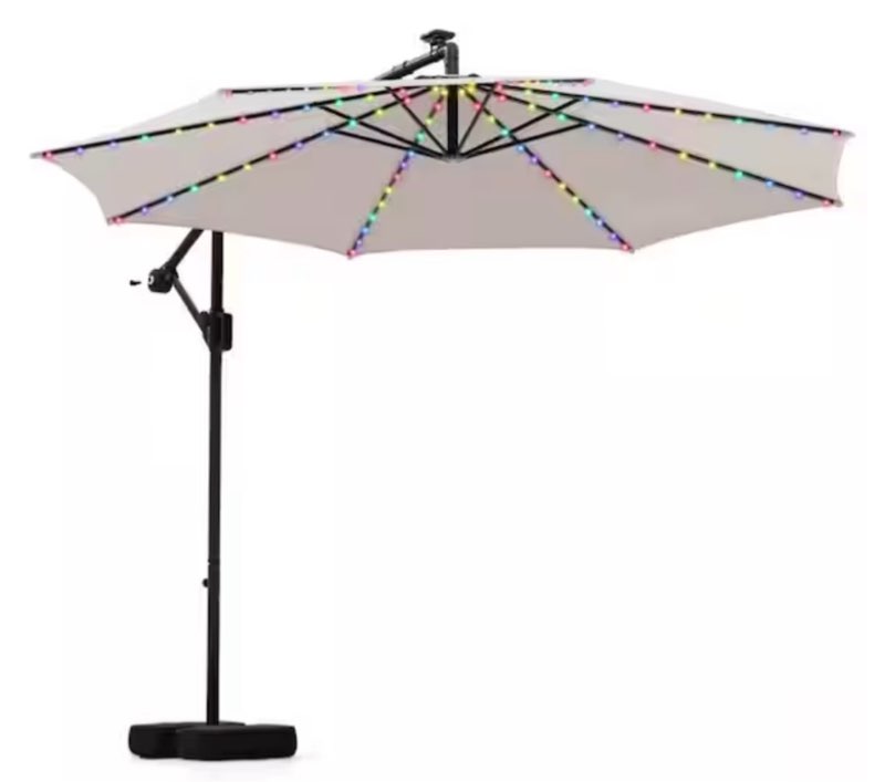 10 ft. solar led cantilever patio umbrella in beige with 96 lights and base