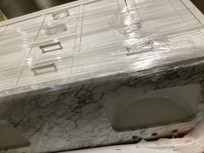 Condition photo showing Good Condition for (possibly used few scraps on the bottom )allen + roth roveland 60-in white undermount double sink bathroom vanity s