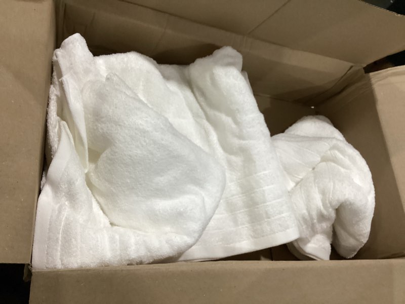 Condition photo showing As Is for tens towels pack of 4 soft bath towels, 100% cotton, 27 x 54 inches, lightweight & quick-dry, ideal for daily bathroom use, practical & comfortable, white