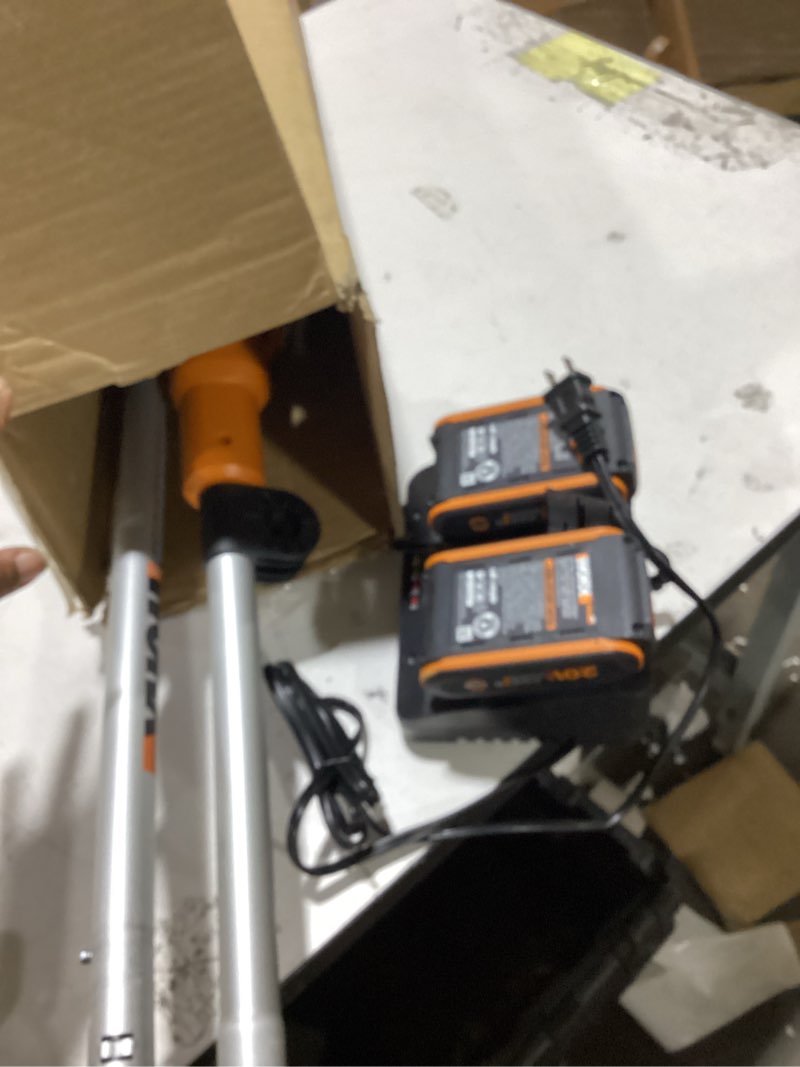 Condition photo showing As Is for worx cordless string trimmer, 13'' electric weed wacker with auto feed, 40v lightweight weed eater with dual-exit cutting head, 2 batteries & charger included, wg183 13" trimmer w/(2) 2.0 ah batteries