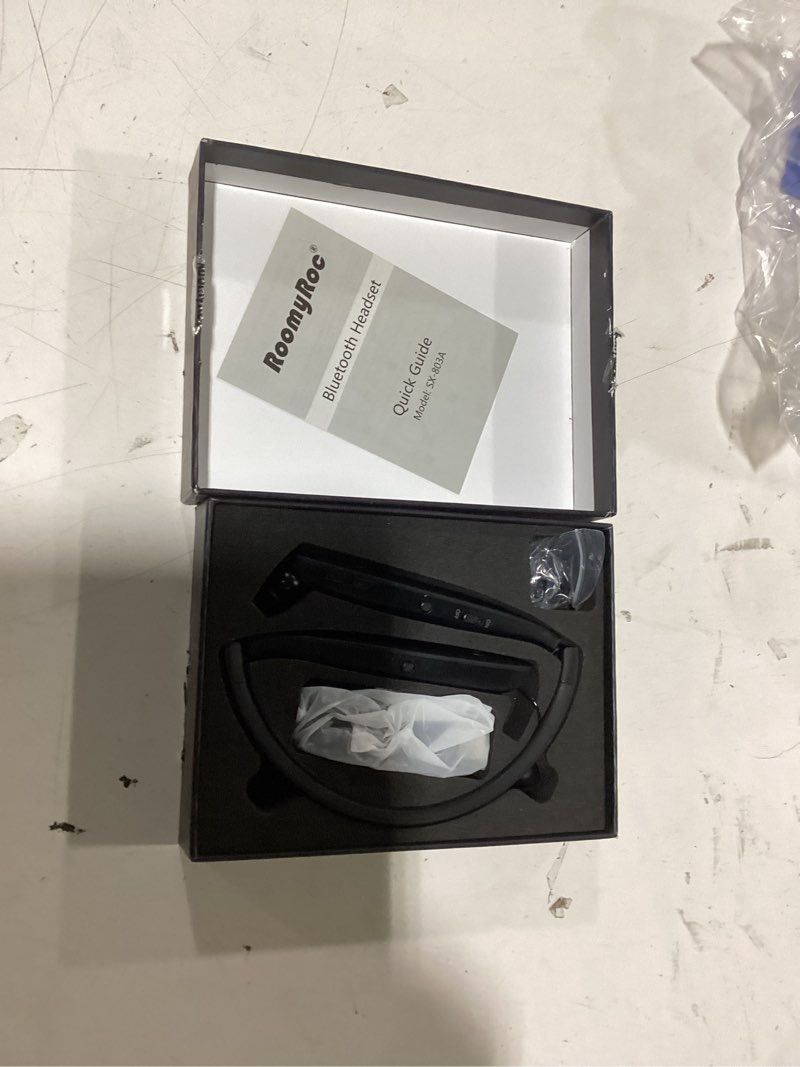 Condition photo showing New/Like New for roomyroc bluetooth headphones, wireless neckband headset evoking siri & bixby with retractable earbuds, sports sweat-proof noise cancelling foldable stereo earphones with mic (black) neckland