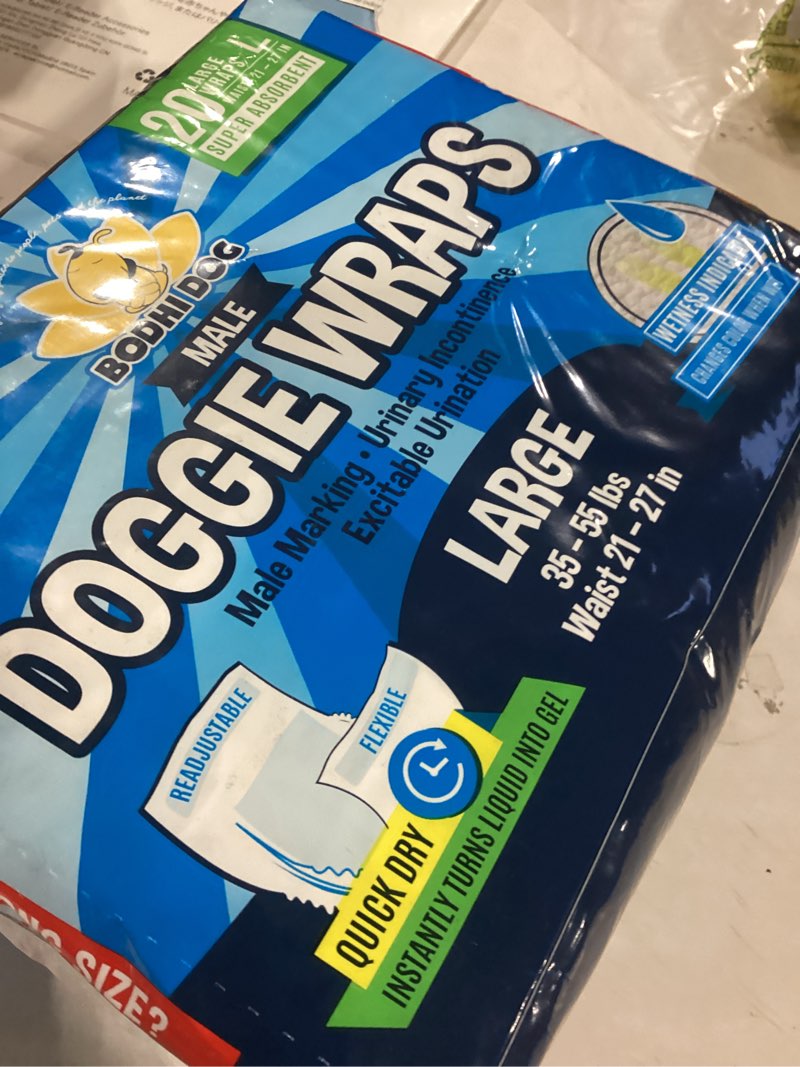 Condition photo showing As Is for Bodhi Dog Disposable Male Dog Diapers - Super Absorbent, Leak-Proof Pee Wraps - Adjustable Fit, Comfortable Design, Advanced Moisture Control, and Wetness Indicator - Large (20 Count)