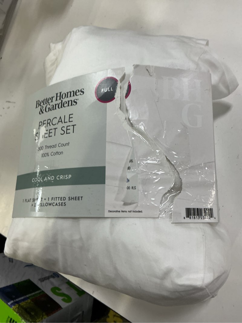 Condition photo showing As Is for better homes & gardens cool & crisp 4-piece 300 thread count arctic white cotton percale sheet set  full