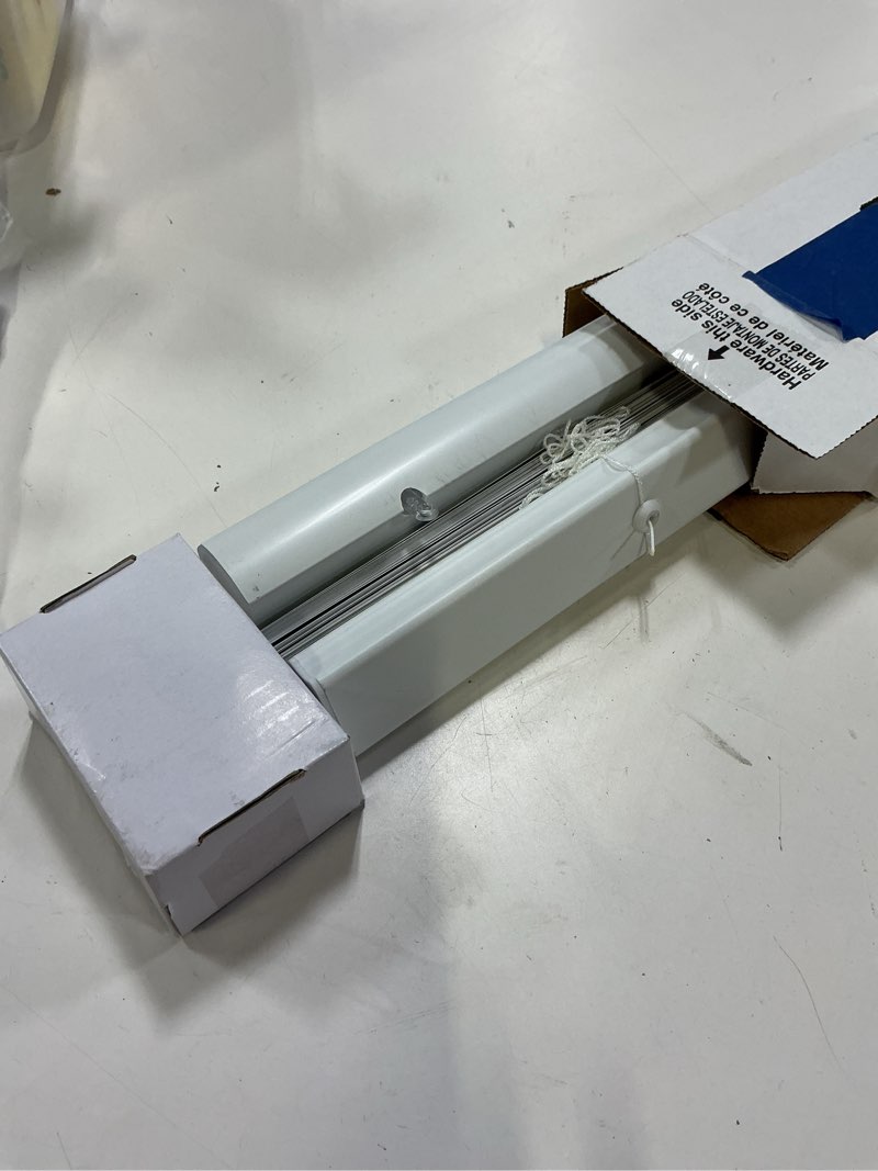 Condition photo showing As Is for magne blind 1-in slat width 25-in x 42-in cordless white vinyl room darkening half-view standard mini blinds