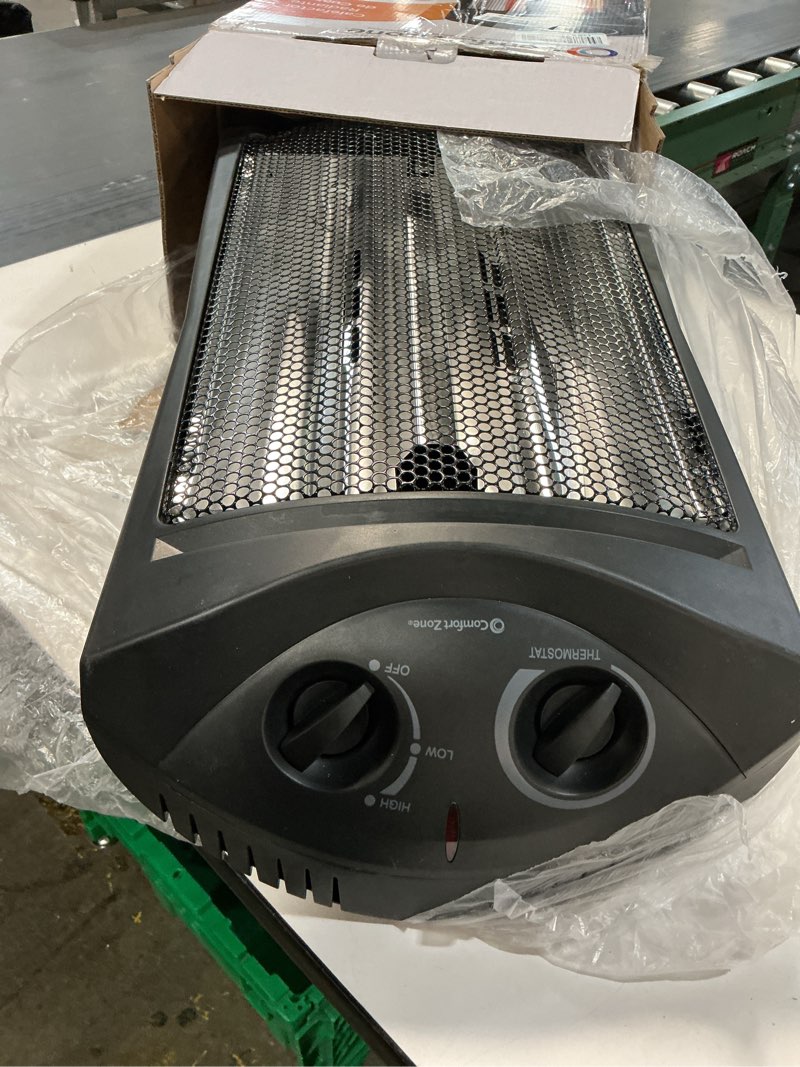 Condition photo showing Good Condition for comfort zone indoor tower space heater  adjustable thermostat  radiant heat  electric  infrared quartz  2 heat settings  overheat protection  ideal for home  bedroom  & office  1 500w  czqtv007bk