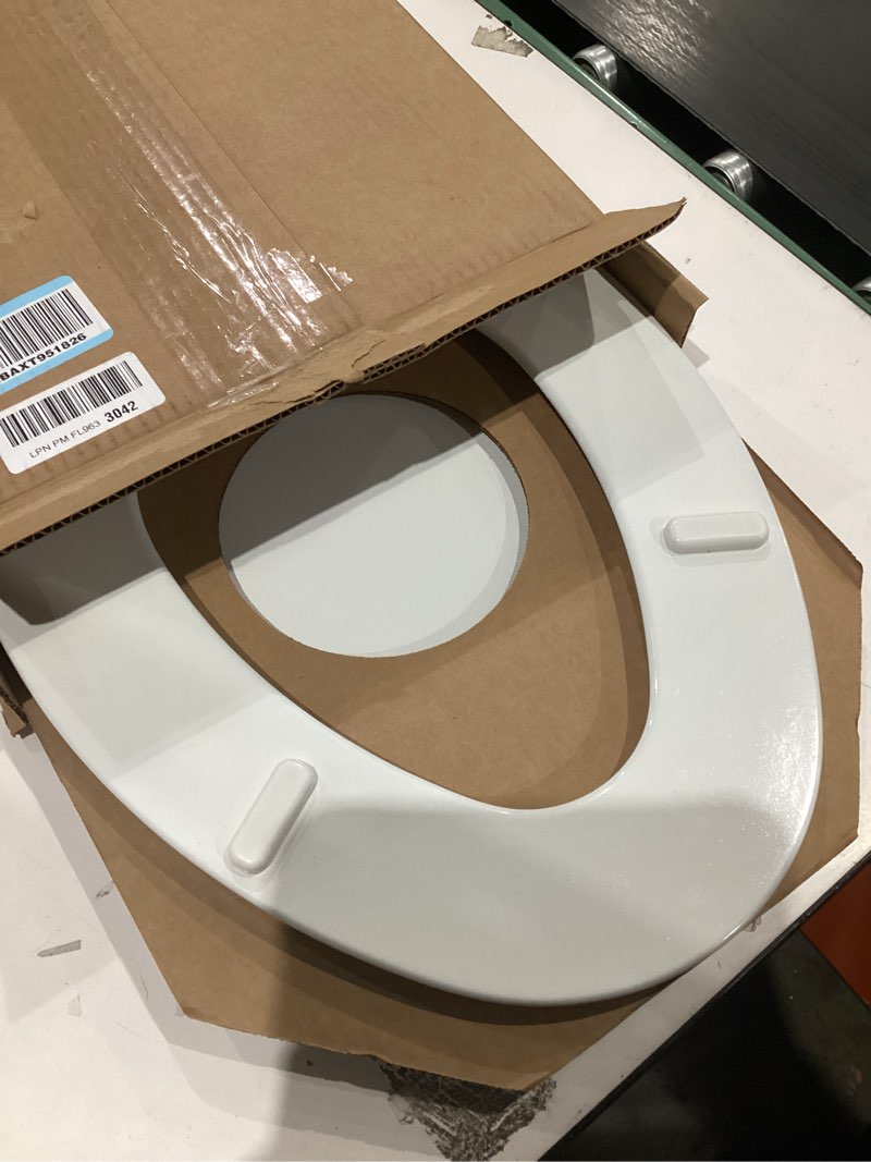 Condition photo showing Good Condition for bemis ashland modern wood toilet seat with decorative edge, slow close, secure hinges, elongated, white