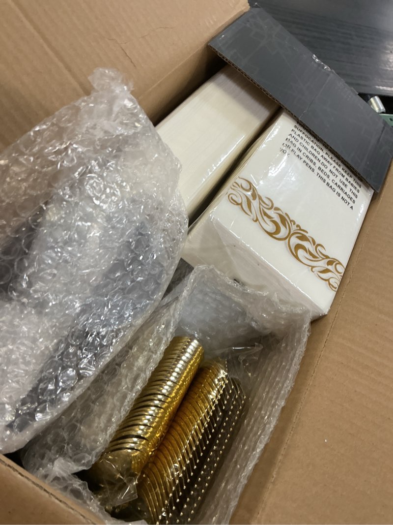 Condition photo showing Good Condition for focusline 350 ct disposable dinnerware set for 50 guests -heavy duty plastic plates with gold rim, includes 50 dinner & salad plates, cups, napkins, cutlery set gold rim dinnerware set