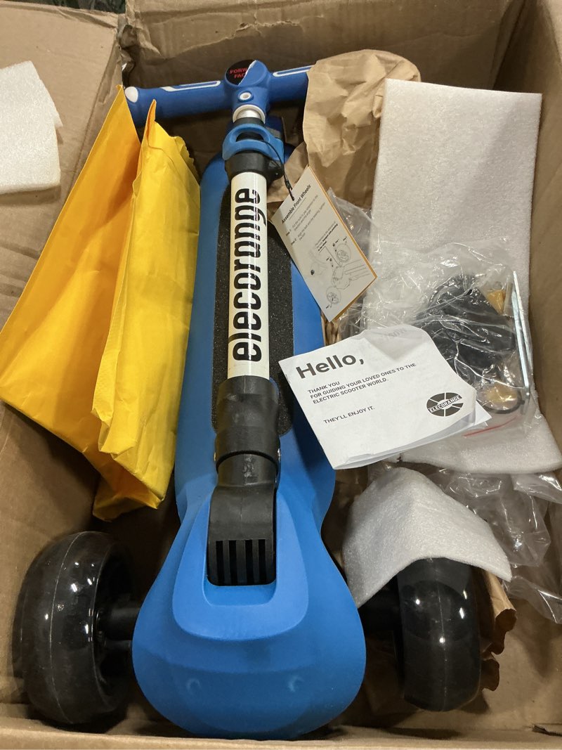 Condition photo showing As Is for elecorange t200/t500 balance electric scooter for kids age 4-9, 2 types front wheels, electric horn, full body lights up, wide deck, 5mph safe speed, 70min riding, foldable kick scooter boys & girl blue t200-entry level
