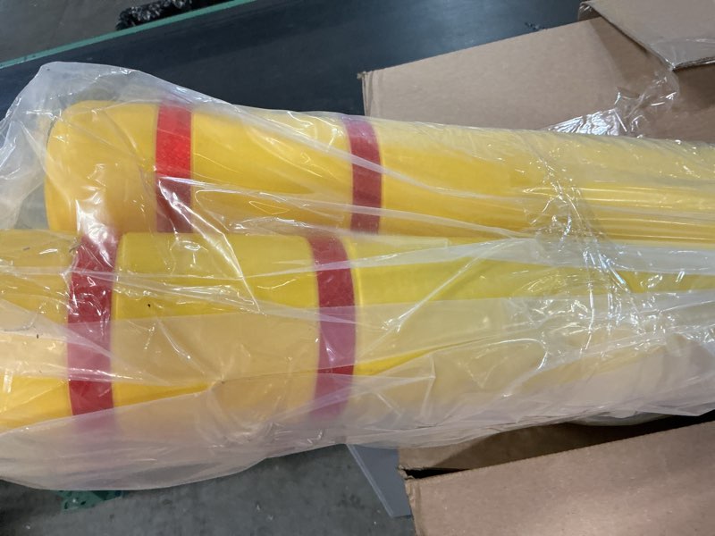 Condition photo showing Good Condition for pangda 4 pcs flat top bollard covers yellow and red bollard post sleeve for home parking fence pole pipe (5" x 52") 4 5" x 52"
