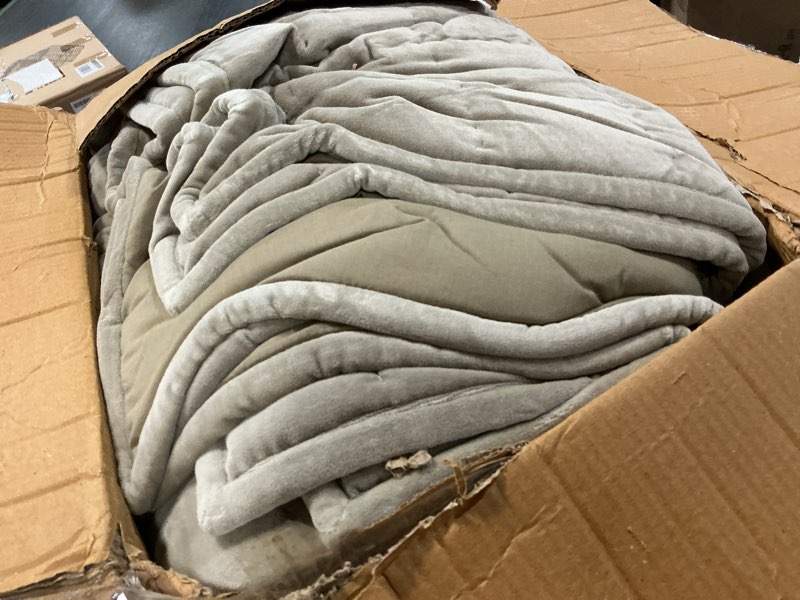 Condition photo showing As Is for cotton velvet quilt set, king/cal king, light taupe