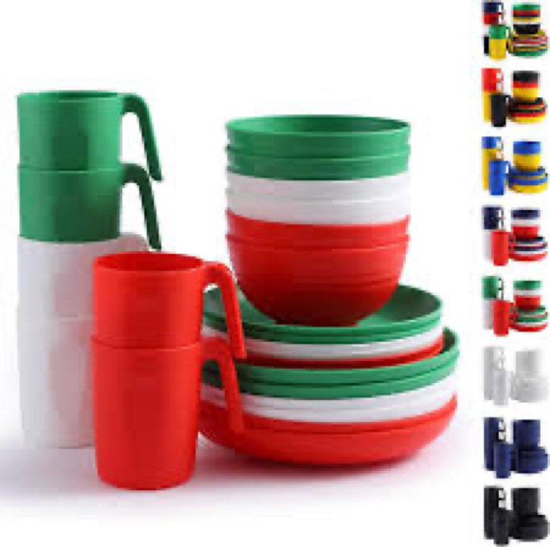 Berglander Plastic Dinnerware Sets 24pcs Service for 6, IT Color Reusable Plates and Bowls Sets, Dis