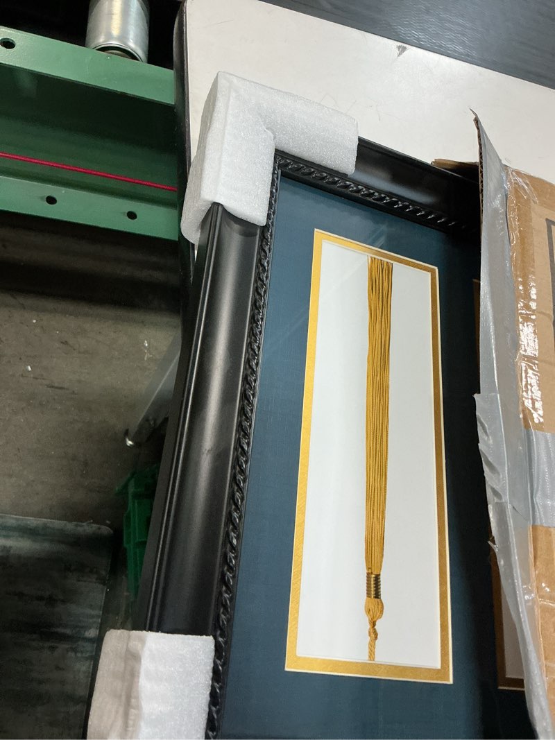 Condition photo showing Good Condition for gmframes solid wood diploma frame with tassel holder for 8.5x11 certificate with navy over gold mat,black finish with intricate black rope detail,uv protection acrylic black / navy gold mat 11x17 for 8.5x11 with tassel
