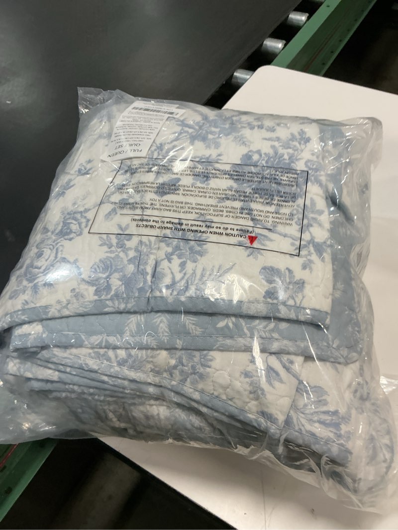Condition photo showing Good Condition for laura ashley - full/queen quilt set, reversible cotton bedding with matching sham, medium-weight for year round use, floral print bed set (walled garden blue) full/queen walled garden blue
