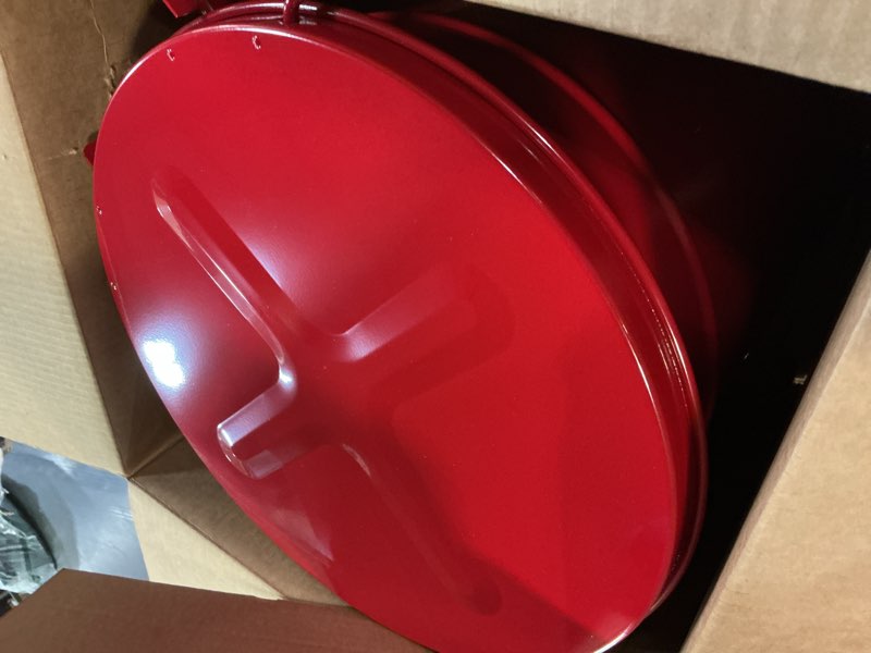 Condition photo showing New/Like New for justrite 10 gallon galvanized steel oily waste can, 18" x 14" metal oil rag safety can with foot operated self-closing lid for oil rag disposal, made in the usa, red, 09300