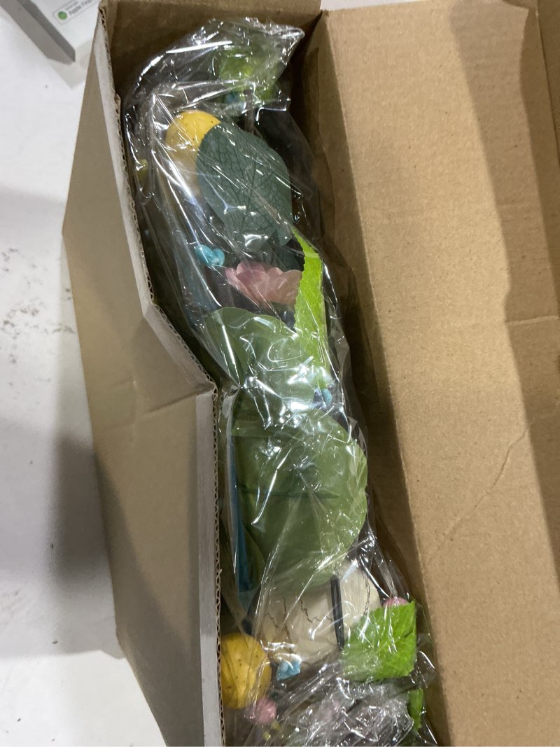 Condition photo showing New/Like New for 6 ft pre-lit easter garland with 20 led lights & 8 mode timer, lighted easter egg garland for mantle decorations, eucalyptus spring garland with artificial egg & pip berry for fireplace table holiday 6ft-20led-eucalyptus