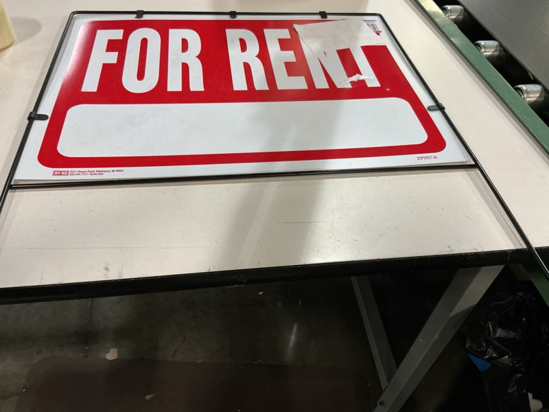 Condition photo showing As Is for hy-ko products rsf-603 for rent sign w/frame 24" x 36" 24x36 for rent