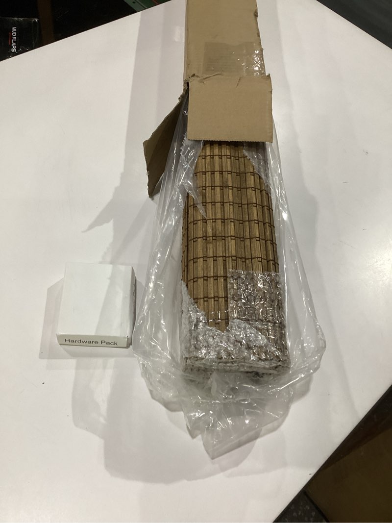 Condition photo showing Good Condition for mood bamboo shades | rustic | cordless bamboo roman shades for windows and doors (natural woven) | rustic walnut express (great privacy) |" h rustic walnut express, similar to stock photo