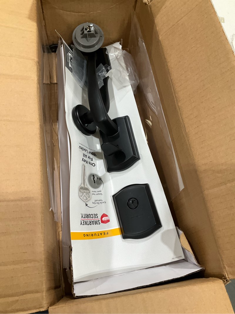 Condition photo showing As Is for Kwikset Prescott Front Door Lock Handle and Deadbolt Set, Entry Handleset Exterior with Sedona Reversible Lever, Matte Black, Pick Resistant SmartKey Rekey Deadbolt Security, with Microban Protection Matte Black Keyed Entry