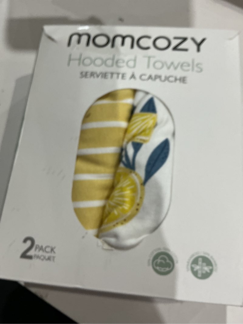 Condition photo showing Good Condition for momcozy hooded baby towel, 2 pack baby bath towel set with large 35 x 35 inch, super soft cotton and hooded towel for newborn, toddler and kid, lemon leaves lemon leaves toddler bath towel ( 35 x 35 inch )
