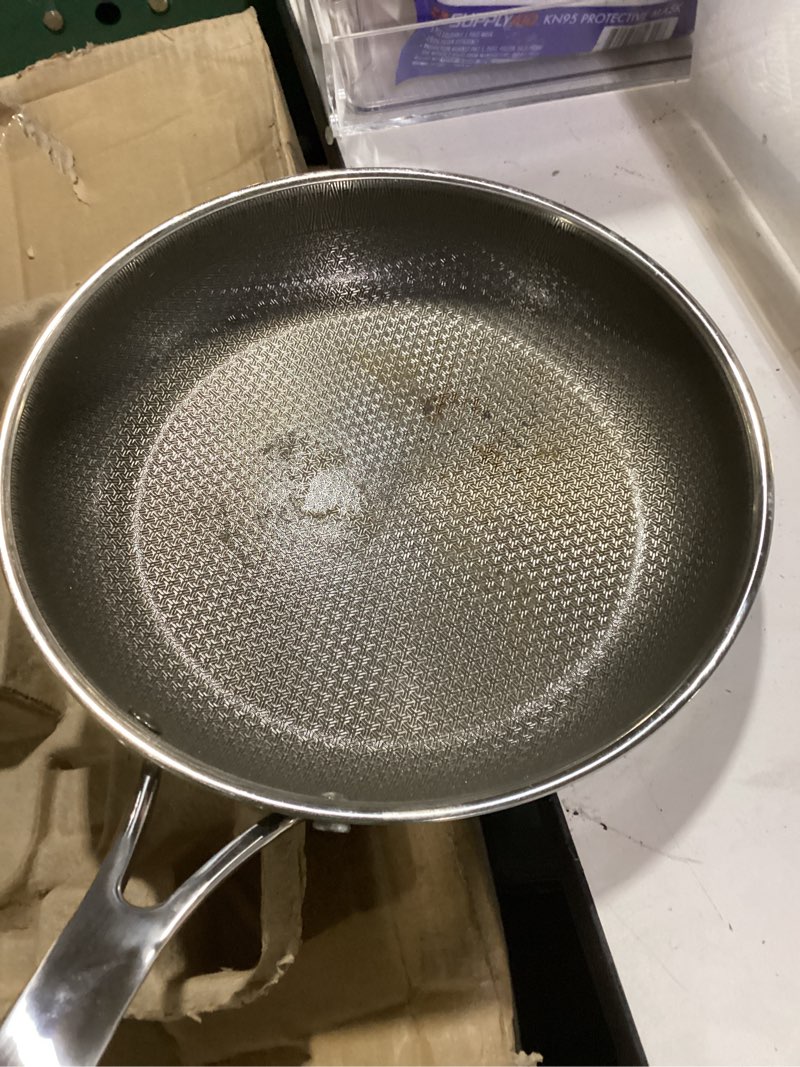 Condition photo showing As Is for martha stewart badgley hybrid nonstick 9.5 inch triply stainless steel fry pan & stay cool handle - laser etched non-toxic perfect sear nonstick skillet - dishwasher and induction safe triply stainless 9.5" fry pan