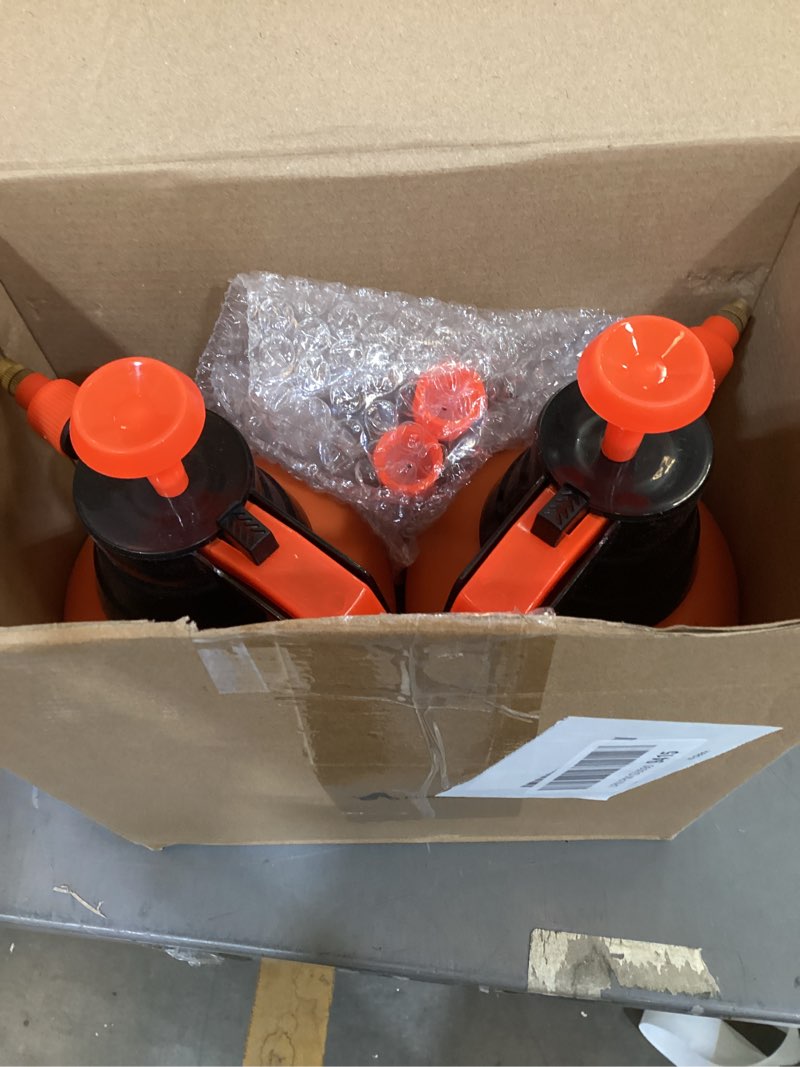 Condition photo showing As Is for 2 set handheld pump sprayer 2l garden pump sprayers adjustable water spray bottles with steel nozzle extended rod for plant mist watering spraying fertilizing cleaning 2l orange