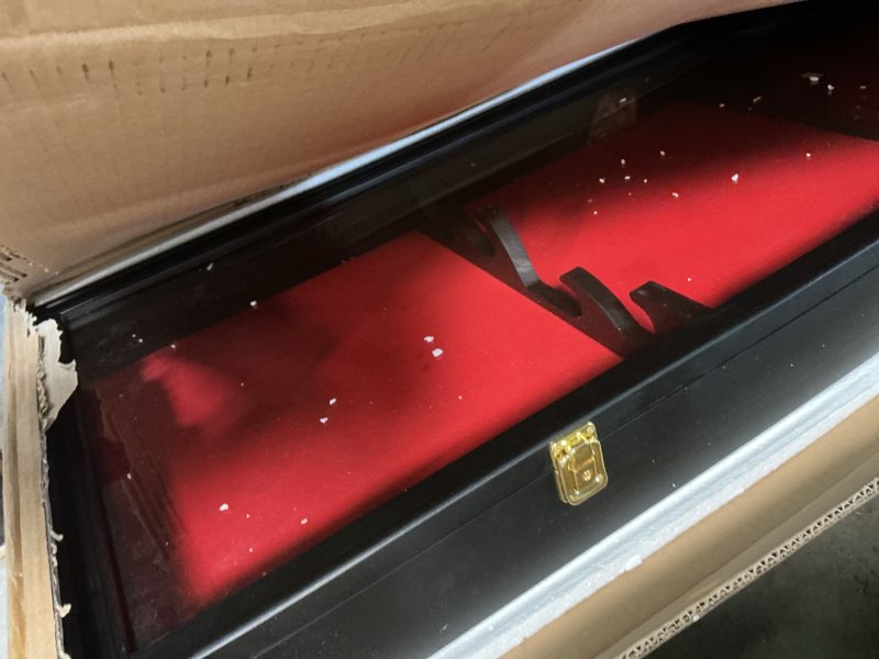 Condition photo showing Good Condition for leinuosen 2 sword display case cabinet 44.5 x 18 x 3.5 inches sword display case wall mount black lockable stand holder wall rack box with 98% uv protection