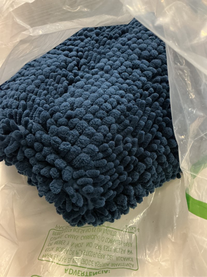 Condition photo showing As Is for h.versailtex navy blue bathroom rugs 2 piece, bath mat set slip-resistant extra absorbent soft and fluffy striped chenille bath rugs, floor mats dry fast machine washable (20" x 32"/17" x 24") 20" x 32" plus 17" x 24" navy