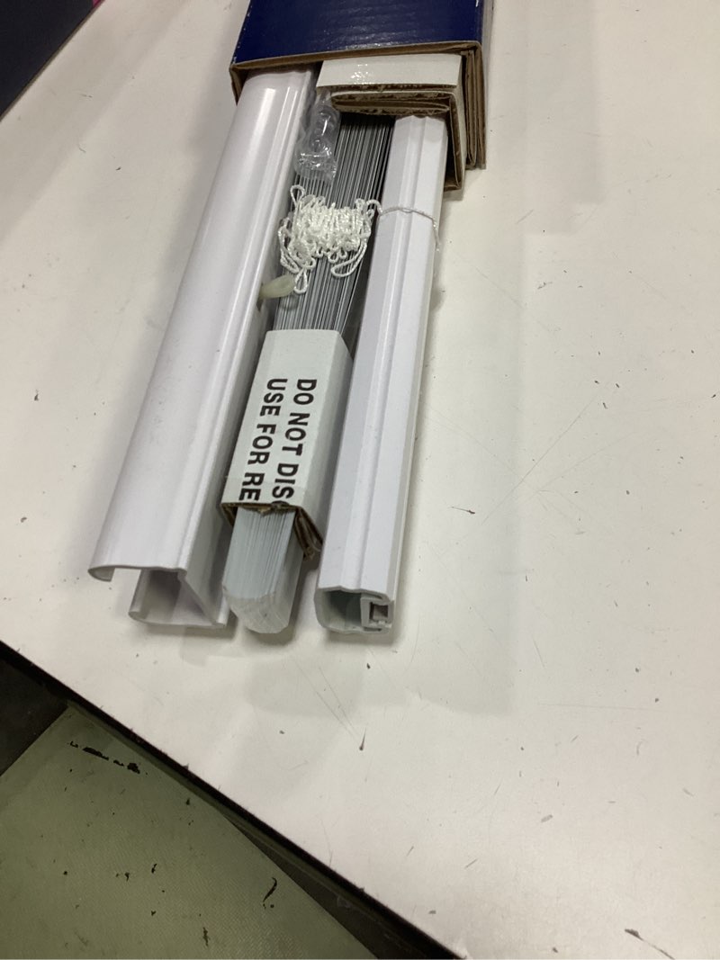 Condition photo showing As Is for levolor trim+go 1-in slat width 35-in x 72-in cordless white aluminum room darkening mini-blinds