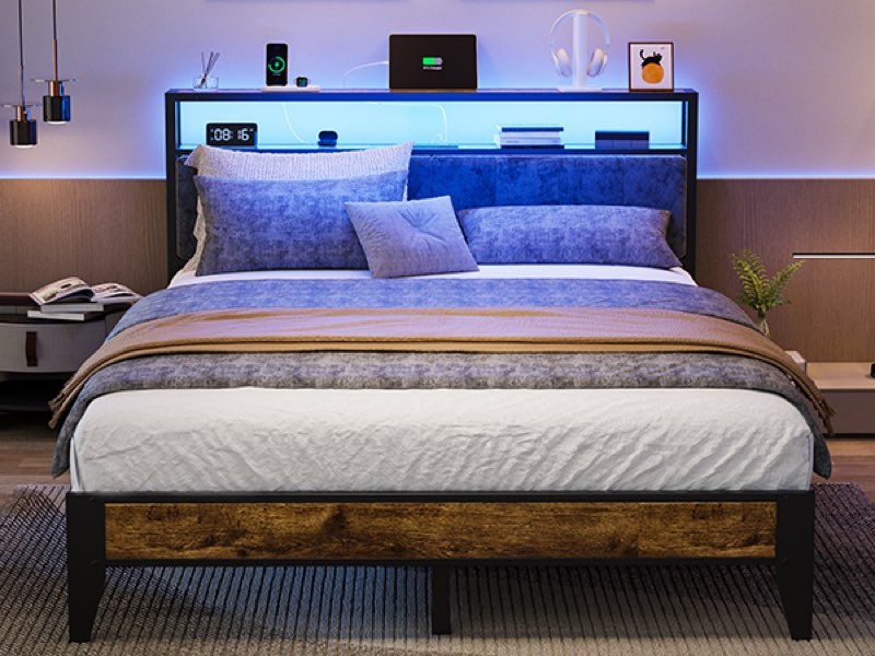 OLEVS Queen Bed Frame Metal Platform Bed Queen Size with 2-Tier Storage & LED Light Headboard, Charging Station Type C, No Box Spring Needed