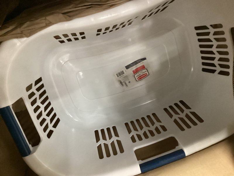 Condition photo showing Good Condition for rubbermaid large hip-hugger laundry basket/hamper, 1.5-bushel, white, stackable storage bin/organizer for bathroom/bedroom/dorm/home 1.5 bushel large hip hug basket