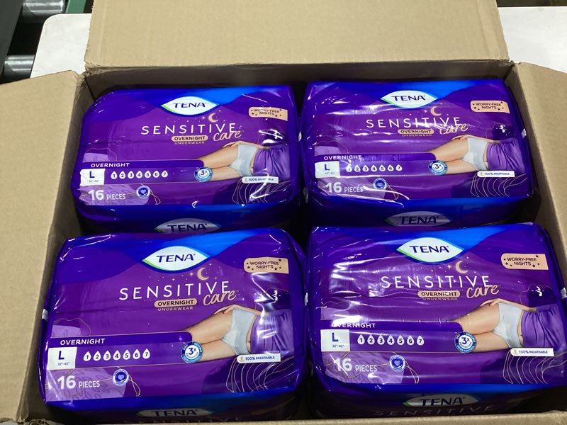 Condition photo showing New/Like New for tena sensitive care overnight incontinence underwear for women, adult diapers, large (waist sizes 32in–42in), better fit, 64 count (4 packs of 16) large 64